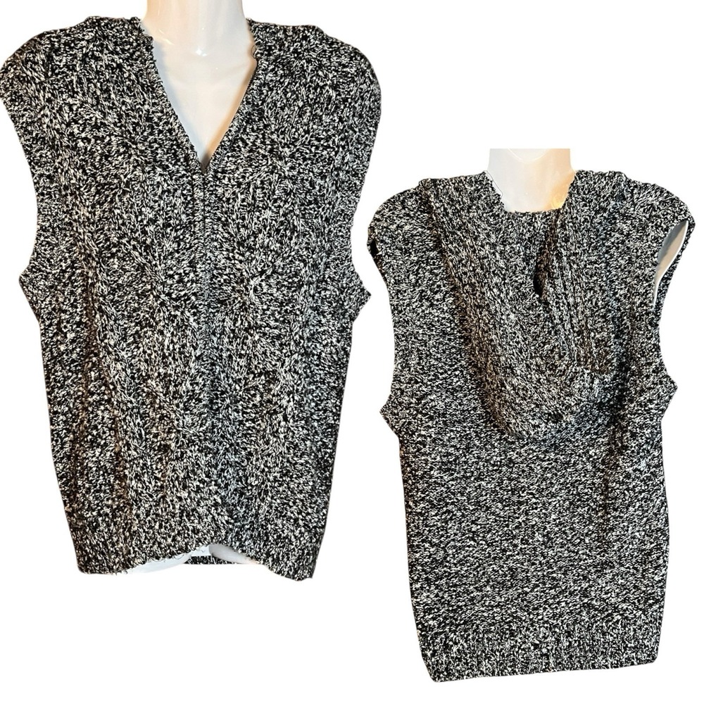 Coldwater Creek Hooded Sweater Vest Women's Med Black White‎ Pebble Knit Warm